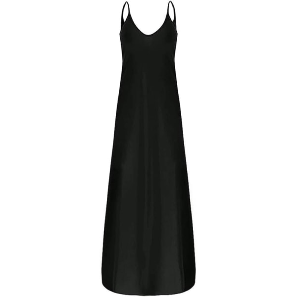 Dame Lang Maxi Kjole Slip Kjole V-hals Summer Beach Sundress Black XL