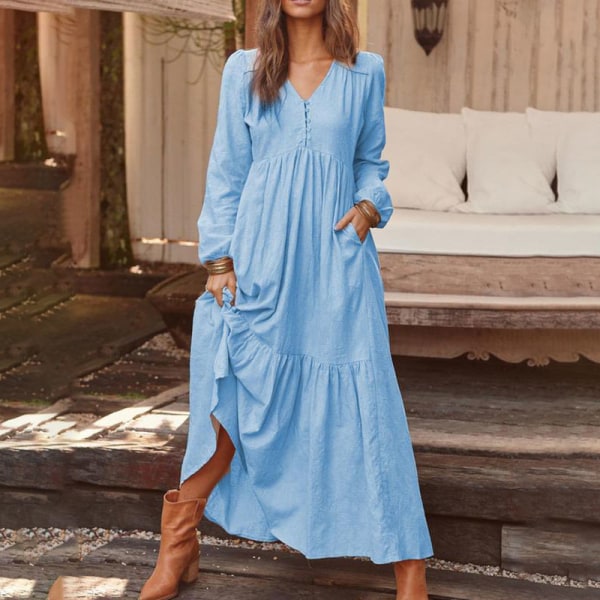 Kvinder afslappet lang nederdel flæsede swing kjole lommeknapper Light Blue,XL