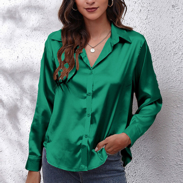 Böjd blus för dam Tunikaskjorta Satin långärmade T-shirts Green L