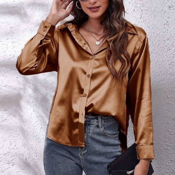 Damebluse med buet kant Tunikaskjorte med langærmede satin-t-shirts Brown L