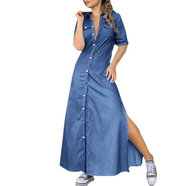 Naisten taskut Pitkä mekko Jean Maxi Denim-mekot Light Blue 3XL