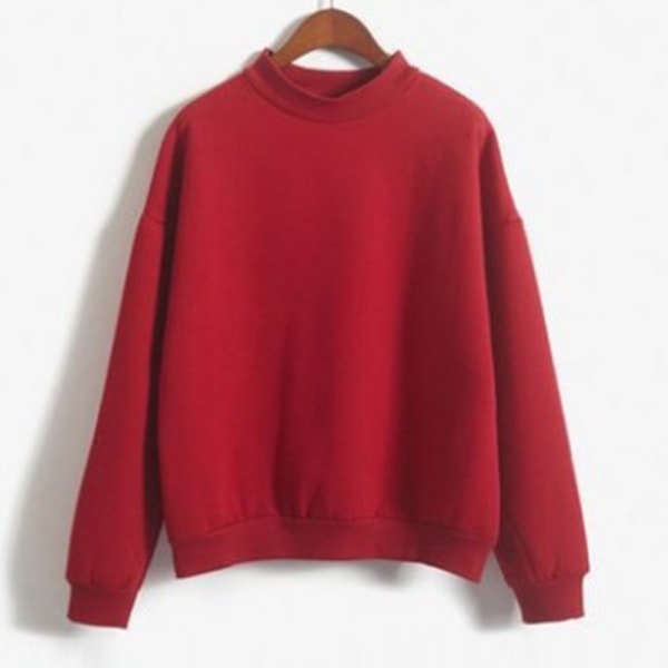 Dam långärmad enfärgad tröja Ribbed Thicken Plush Pullover Röd L