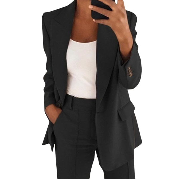 Dame ensfarvet blazer langærmet business jakker Black 5XL