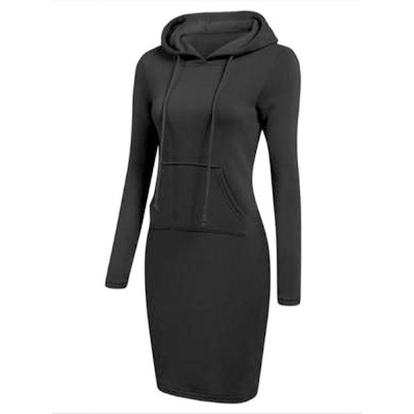 Huvtröja för kvinnor Långärmad tröja Hoodie Midiklänning Black,S