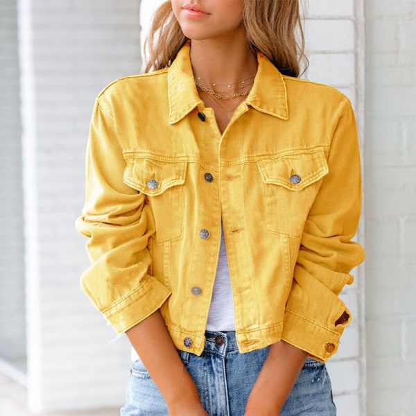 Naisten Trucker Outwear -kaula-aukkotakki Yellow M