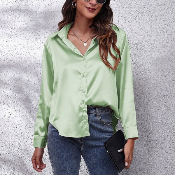 Böjd blus för dam Tunikaskjorta Satin långärmade T-shirts Light Green S