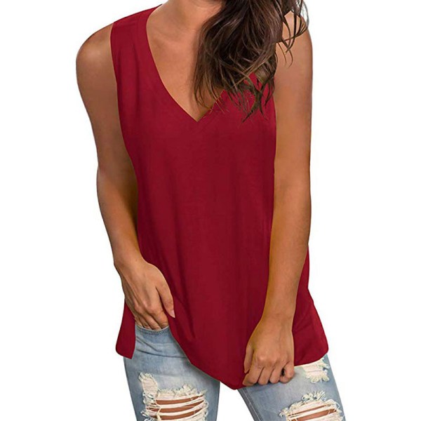 V-ringad ermløs vest løs t-shirt med camisole-top for kvinder Red wine, XL