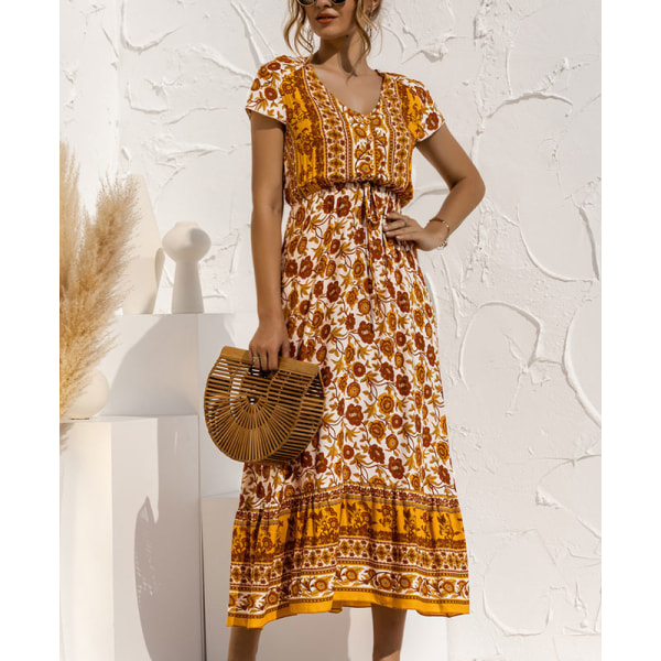 Naisten Maxi-mekot print pitkä mekko Sundress lyhythihainen Orange M