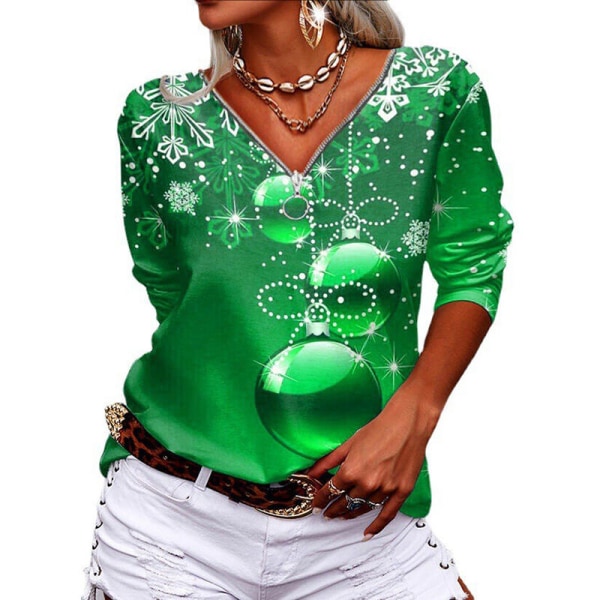 Kvinder langærmet V-hals lynlås Baggy Tee Christmas Print T-shirt Green 2XL
