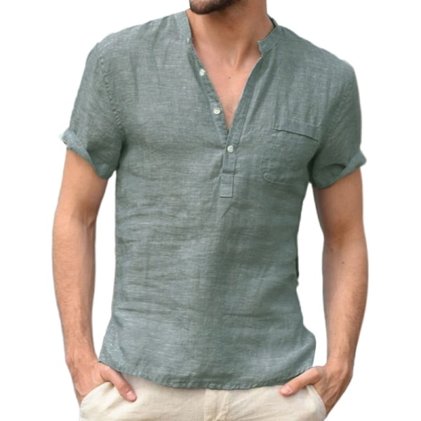 Henley-krage T-skjorte for menn i ensfarget Tee Button Down Vanlig Mörkt Grön 3XL