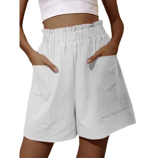 Dame Sports Shorts Lommer Mini Elastisk talje Hot Pants Sommer White,3XL