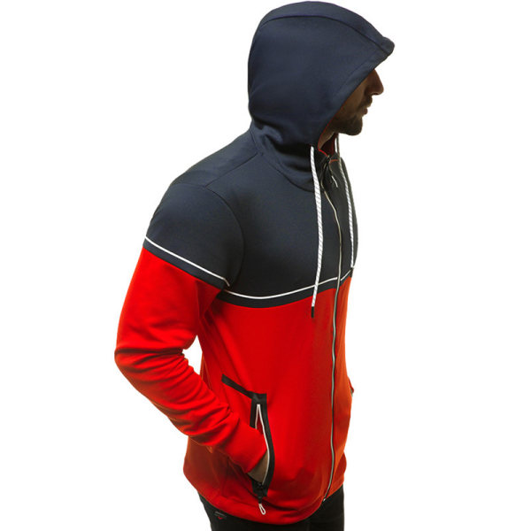 Mænd Farve Matchende Hættejakke Sweater Zip Outwear Overcoat Red L