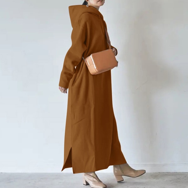 Kvinder Ensfarvet Pullover Fleece Foret Side Slid Hætte kjoler Kaffe 5XL