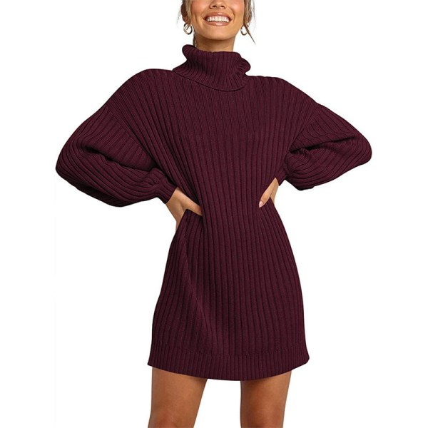 Kvinder Langærmet Højhalset Pullover Jumper Varm Sweater Kjole Claret L