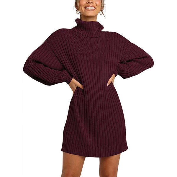 Kvinder Langærmet Højhalset Pullover Jumper Varm Sweater Kjole Claret XL