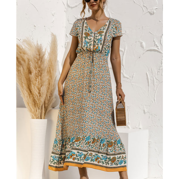 Naisten Maxi-mekot print pitkä mekko Sundress lyhythihainen Beige XL