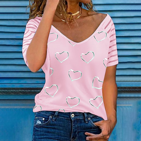 Printed V-ringad kortärmad T-shirt Lös Casual Topp Pink,3XL