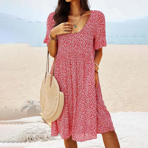 Kvinnor kortärmad sommar strand solklänning blommigt print midiklänning Red 2XL