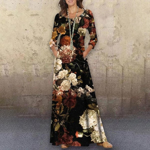 Dame abstrakt trykt fuld længde kjole med blomsterprint Maxi Element-A S