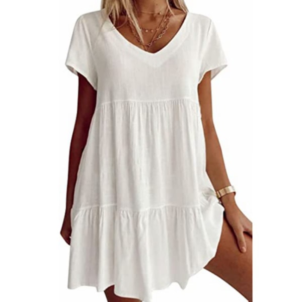 kvinnor sommar kortärmad volangfåll tunika t-shirt Klänningar White 3XL