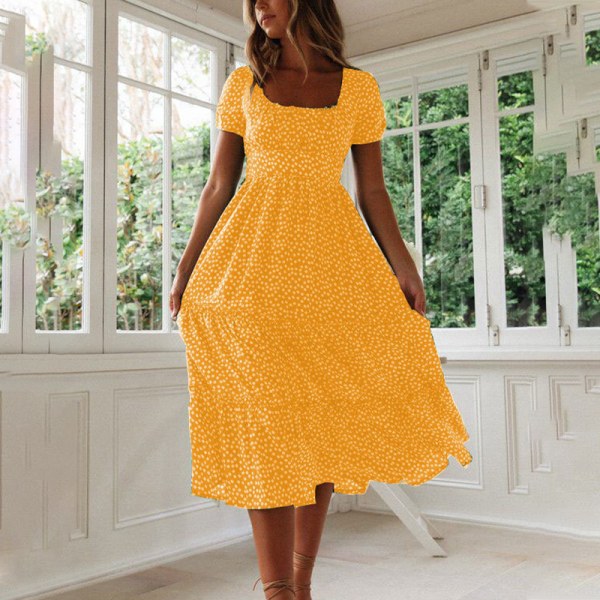 Dam kortärmad solklänning Polkaskjorta klänning Yellow M