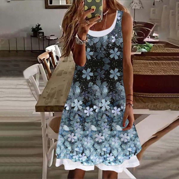 Kvinnor ärmlös sommar strand solklänning blommigt print midiklänning Light Blue 5XL