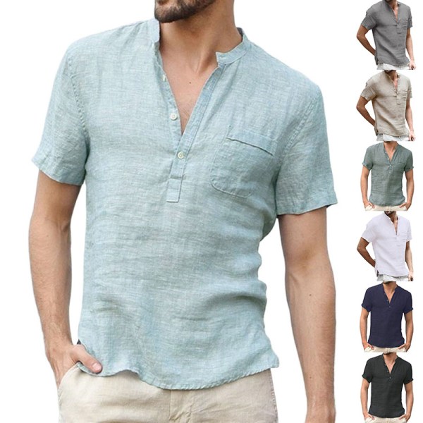 Herr Henley Collar T-shirt Enfärgad Tee Button Down Vanlig Khaki XL