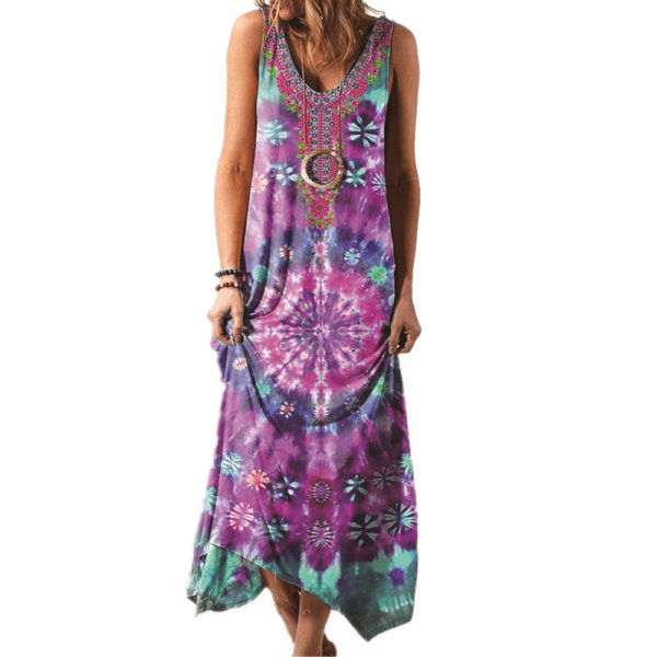 Kvinders ærmeløse lange kjoler Summer Beach Printed Vest Kjole Purple 3XL
