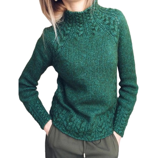 Kvinder langærmet højhalset striktrøjer ensfarvet sweater Green L