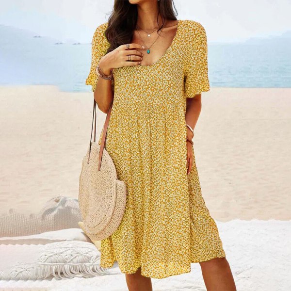 Kvinnor kortärmad sommar strand solklänning blommigt print midiklänning Yellow L