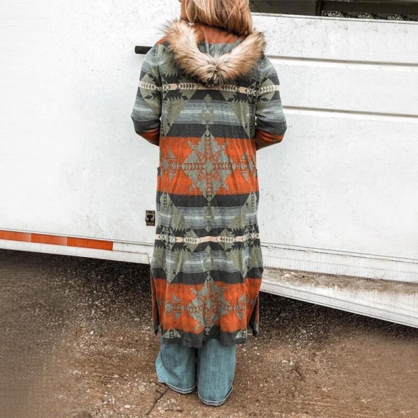 Naisten muoti Printed hupullinen villatakki tekoturkista trimmattu pitkä takki Orange 2XL