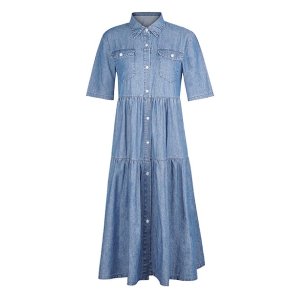 Dam Denim Vanlig Swing Sundress Skjorta Långa Klänningar Knappar Light Blue S