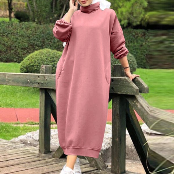Naisten pitkähihainen collegepaita mekko Pitkät maximekot korkea kaula Pink XL