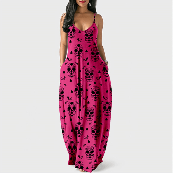 Naisten V-kaula kesäinen aurinkomekko Cami Long Dress Rose Red M