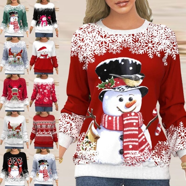 Dame Xmas Pullover Santa Claus Printed Christmas Sweatshirt Röda snöflingor 2XL