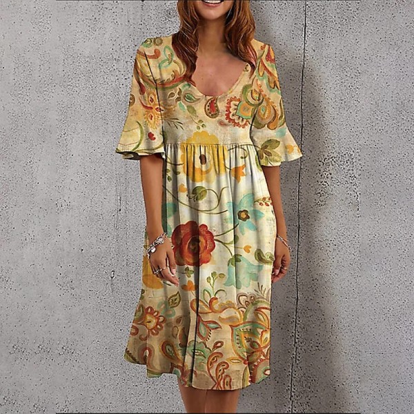 Lady Summer Midi Dress Casual Flowy Blomstertryk A-line kjole Yellow XL