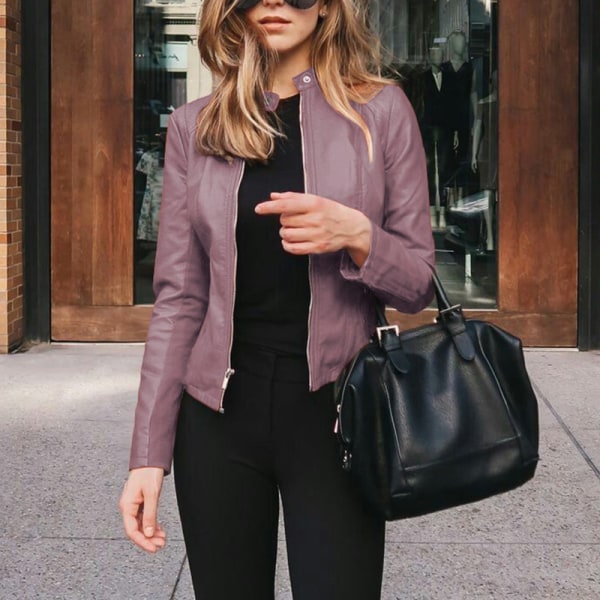 Kvinder langærmet outwear ensfarvet læderjakke 12# Light Purple XL