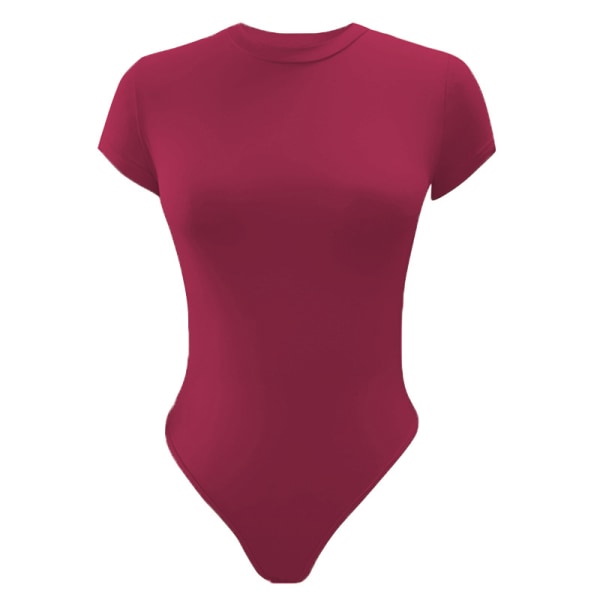 Kvinnor Enfärgad Jumpsuit Crew Neck T-shirt Bodysuit Wine Red XL