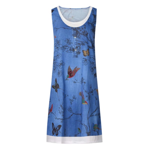 Dam falsk 2-delad skjorta Sundress Tunika Midiklänning Scoop Neck Blue Bird L