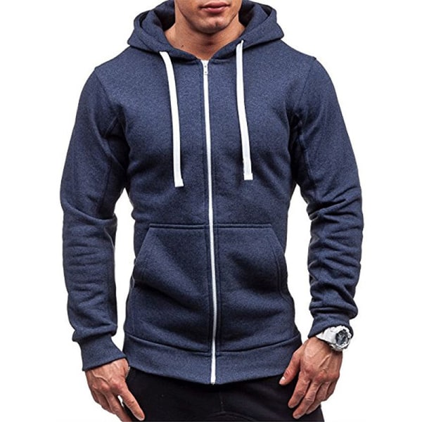 Män Hooded Coat Jacka Sweatshirt Outwear Dragsko Dragkedja Navy Blue XL
