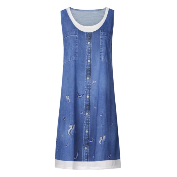 Dam falsk 2-delad skjorta Sundress Tunika Midiklänning Scoop Neck Light Blue Butterfly 4XL