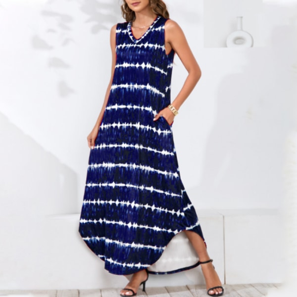 Kvinnor ärmlösa Maxiklänningar V-hals Summer Beach Sundress Navy Blue L