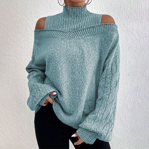 Dam Turtle Neck Puff Sleeve Cold Shoulder Stickade tröjor Blå sjö S