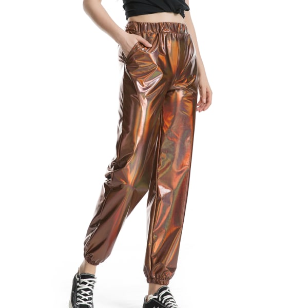 Kvinder High Waist Bukser Metallic Loungewear Shin Bukser Coffee L