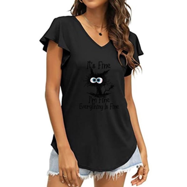 Kortärmad T-shirt för kvinnor med V-ringad T-shirt Cat Black 2XL