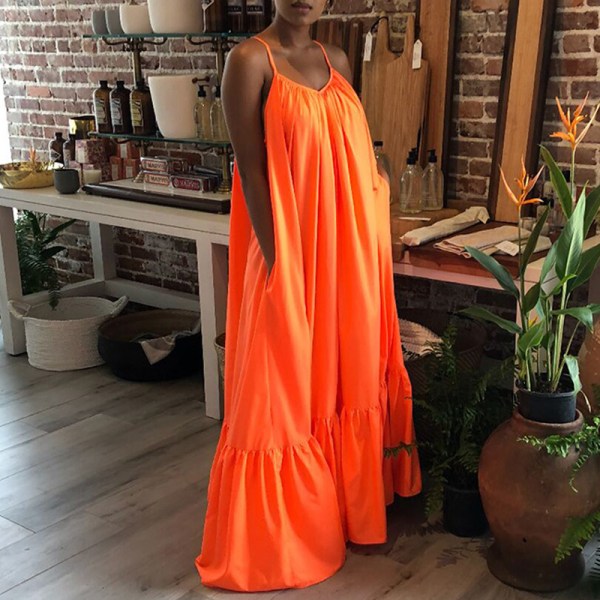 Sexet Suspender Ruffled Edge Large Hem Maxi Dress Womens Holiday Orange M