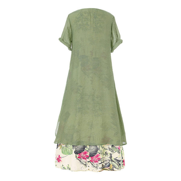 Kvinders bomuldslinned trykt kortærmede falske todelte kjoler Green L