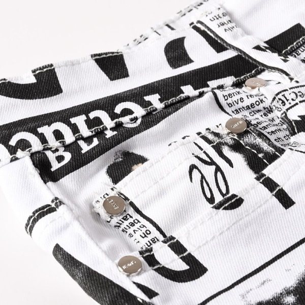 Miesten casual print farkut, muoti joustavat suoralahkeiset housut Newspaper,30