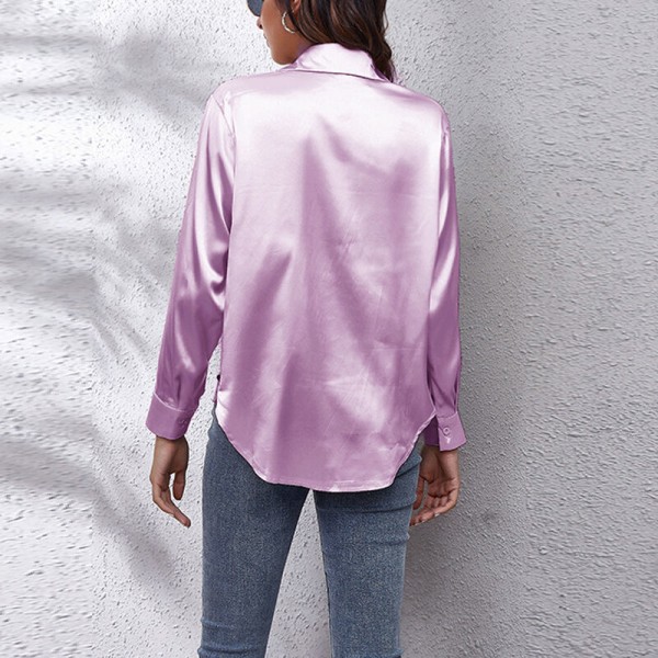 Böjd blus för dam Tunikaskjorta Satin långärmade T-shirts Violet XL