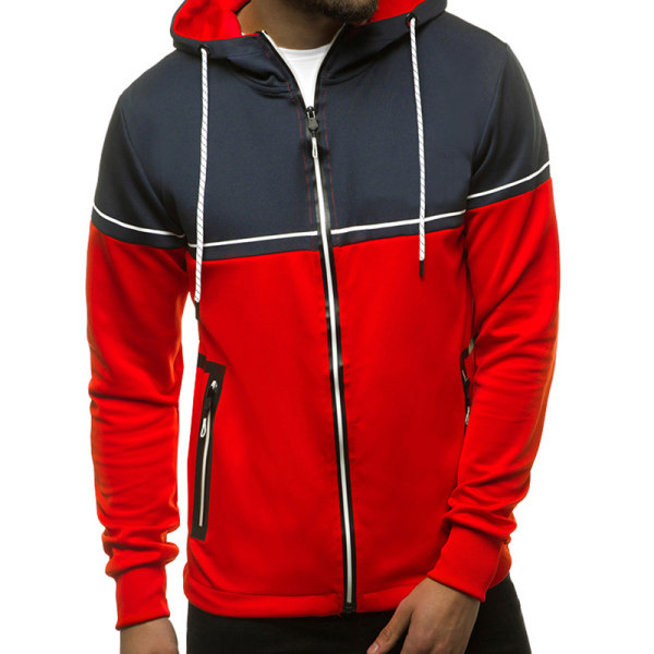 Mænd Farve Matchende Hættejakke Sweater Zip Outwear Overcoat Red M